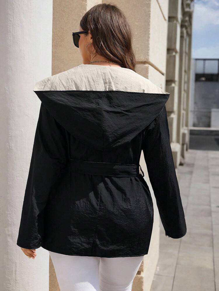 Women's Plus Size Water-Resistant Hooded Windbreaker Jacket,Black Autumn Casual Formal Evening Hiking Double-Sided Two-Color Loose Long Sleeve Coat