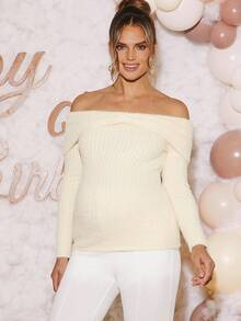 Loomaby Maternity Solid Color Twist Knot Off Shoulder Ribbed Long Sleeve Sweater - Apricot - View 7