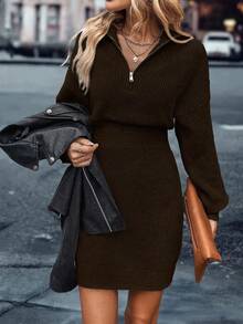 EMERY ROSE 女式休闲拉链短款开衫连衣裙 - 棕色 - 查看 3