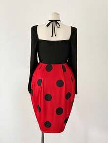 Sunspun Große Größen Marienkäfer Polka Punkt Patchwork Kontrast Farbige Taille Raffung Kleid - Schwarz - Übersicht 2