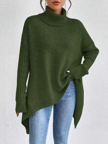 EMERY ROSE Women's Solid Color High Neck Dropped Shoulder Long Sleeve Asymmetric Hem Casual Pullover Sweater, Autumn/Winter - Army Green - View 4
