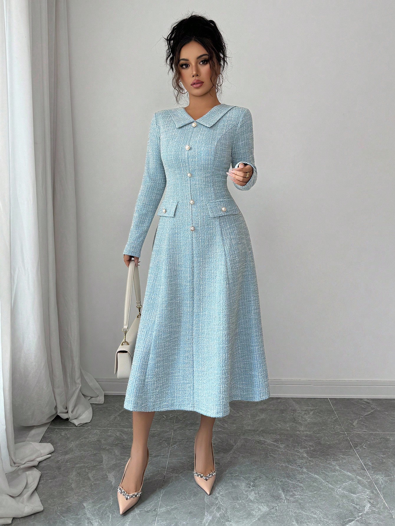 Elenzga فستان نسائي أنيق بياقة مكشكشة على شكل حرف...