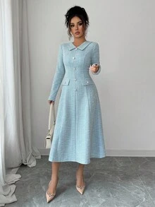 Elenzga 女士蓝绿色纹理面料翻领收腰A字中长连衣裙，饰有金属仿珍珠纽扣，优雅别致的设计，适合教师、约会等场合，长袖收腰中长连衣裙 - 薄荷藍 - 查看 4