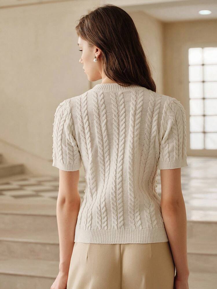Anewsta Savoree Women's Elegant Short Sleeve Beaded Knit Blouse, Suitable For Summer, Fall, Elegant, Chic, New Year, Casual, Luxury