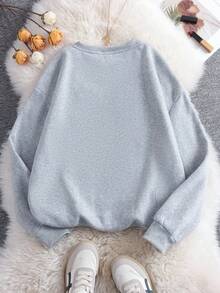 SHEIN 南瓜图案刺绣卫衣，时尚简约设计，女式圆领长袖，适合送给朋友的礼物，秋冬 - 淺灰色 - 查看 2