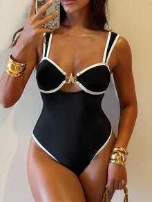 Bonvoyette 2 件套女士纯色撞色镂空连体泳衣 + 沙滩罩裙，时尚度假风格 - 黑與白 - 查看 4