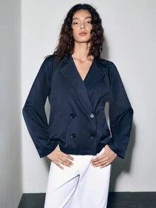 Lumivelle 复古小众西装领双排扣宽松休闲短款长袖风衣外套女，女士双排扣长袖翻领夹克外套，秋季女短款夹克风衣，时尚简约百搭双排扣短款风衣外套，双排扣翻领长袖短款外套外套 - 藏蓝色 - 查看 3