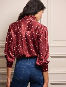 lacRébo 缎面波点印花衬衫，饰有褶裥和荷叶边领口，适合秋冬季女装 - 彩色 - 查看 5