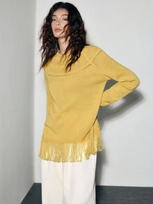 Lumivelle Jacquard Knit Top With Fringe Hem Fall Winter Cloth For Women - Yellow - View 3