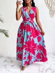 SOLERSUN Women's Plus Size Simple Everyday All Over Print Deep-V Neck Sleeveless Long Dress (Random Printing) - Hot Pink - View 5