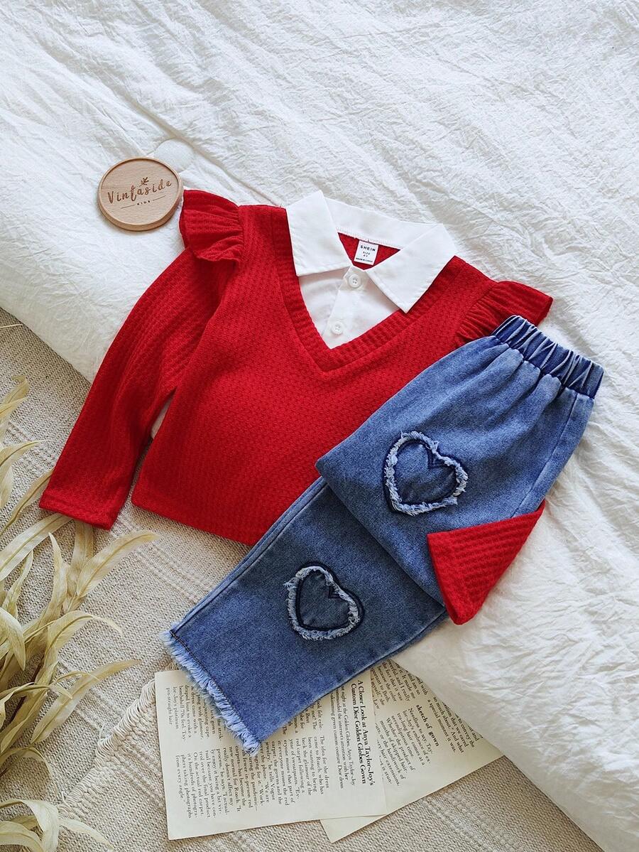 SHEIN Vintaside Kids 年轻女孩复古时尚休闲长袖撞色二合一T恤和心形刺绣水洗牛仔裤两件套,秋季/春季 - 玫紅色 - 查看 1