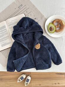 SHEIN 男婴幼儿新生儿0-3岁可爱休闲日常百搭泰迪熊刺绣羊毛连帽夹克 - 藍色 - 查看 6