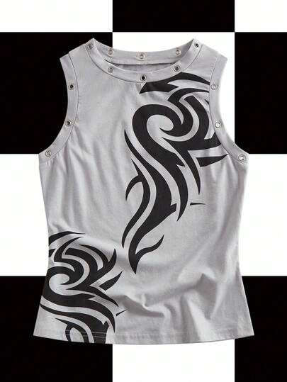 Shutterstock Y2Kool Modisches Damen Lässig Grafik-Muster Top mit Ösen-Detail ohne Ärmel, Sommer Druckknopf Top Grafik Top Athletik Top Party Top Graues Grafik Tank Top Metall Ösen Top, passende Idee für stilvolle Bekleidungskollektion, Neujahroutfits