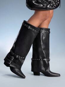 CUCCOO GRLICON Botas cómodas de tacón de madera con diseño sencillo y fácil de poner, adecuadas para Halloween, Navidad, fiestas, festivales de música y otoño, en color negro - Negro - Ver 2