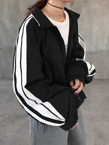 FRIFUL Women's Stand Collar Loose Side Ribbon Decor Loose Hem Cropped Casual Street Goth Jacket