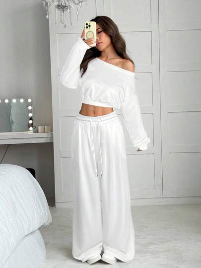 SHEIN EZwear 2 件套女士不对称领落肩短款上衣和阔腿休闲裤，秋季