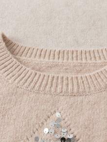 SHEIN Franclia Frauen Lässig Pailletten Patchwork Langarm Pullover Pullover, Herbst, Drop-Shoulder - Aprikosenfarben - Übersicht 3