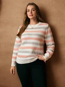 EMERY ROSE Plus Size Casual Colorblock Striped Pullover Sweater, Autumn/Winter Jumpers For Women Plus Size Plus Size Sweater For Women Plus Size Striped Sweater, Autumn/Winter,2025 New