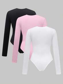 FavEase Women's Solid Color Crew Neck Long Sleeve Casual Bodysuit - Multicolor - View 2