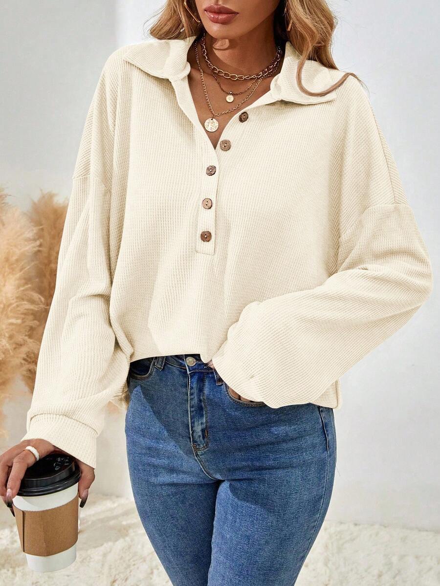 EMERY ROSE Women's Casual Waffle Knit Button Accent Dropped Shoulder Loose Fit Long Sleeve T-Shirt