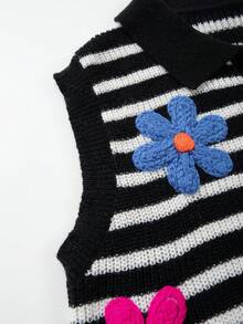 ROMWE MEN Men's Fashion Casual Multi-Color Floral Pattern Knitted Striped Button SweaterVest, Fall Winter - Black - View 4