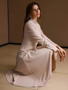 MOTF PREMIUM FAUX PEARL TRIM ASYMMETRICAL HEM DRESS WITHOUT BELT - Apricot - View 7