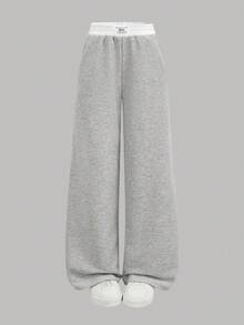 SHEIN Girlism 2 件套青少年女孩纯色黑色、白色、灰色休闲针织运动裤，配有撞色腰带，宽松慢跑裤