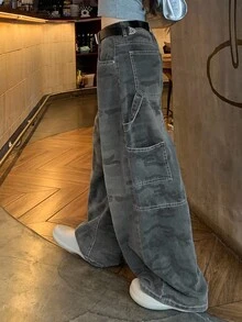 DAZY 女士水印休闲宽松牛仔裤，韩版街头风低腰牛仔裤 - 深灰色 - 查看 6