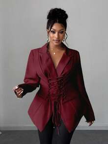 Maweii 大码女士商务通勤套装，领带设计，成熟迷人 - 酒紅色 - 查看 3