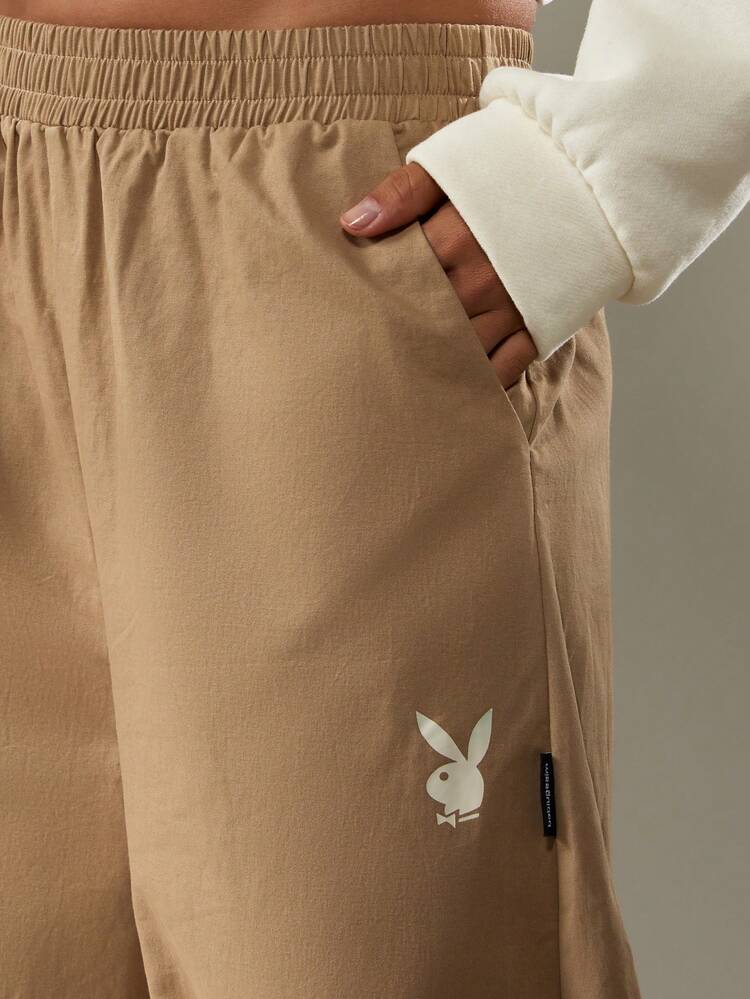 Missguided x Playboy Cotton Women's Relaxed Barrel Leg Casual Pants With Logo And Elastic Waistband For Everyday Comfort