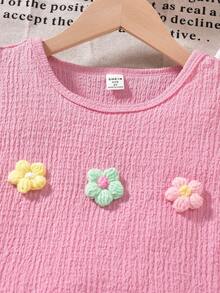 Conjunto de 3 blusas e calças curtas com detalhes florais para meninas adolescentes e laços - Rosa chiclete - Visão 5