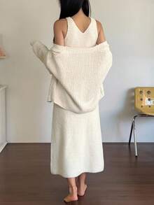 DAZY Set de 2 piezas de vestido y ropa de estar en casa de punto de unicolor para mujer, ropa de otoño/invierno, pijama, conjunto cómodo con forro polar