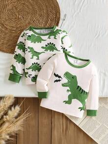 SHEIN 2 peças/Conjunto Camiseta de Manga Longa com Gola Redonda e Estampa de Dinossauro Contraste, Casual e Fofa, Adequada para Uso Diário, Roupas de Outono para Crianças