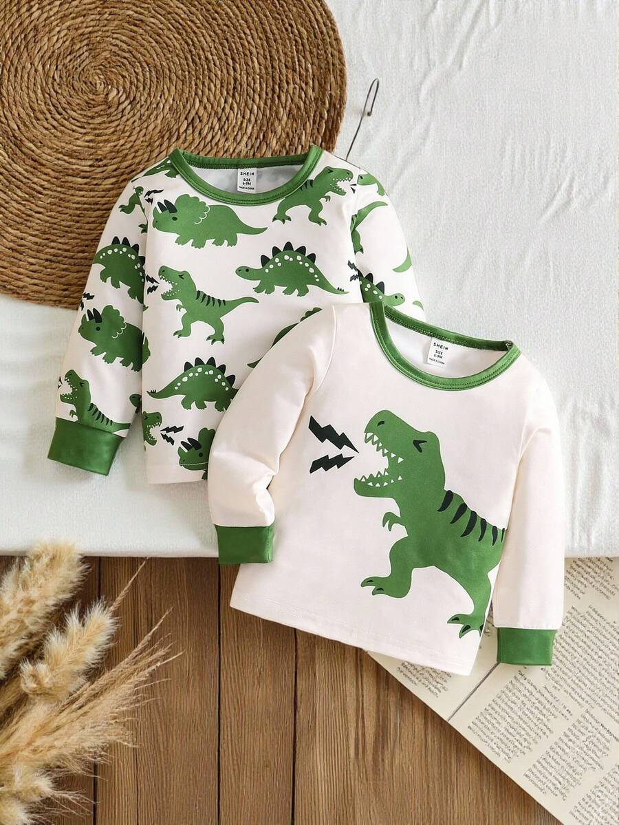 SHEIN 2 peças/Conjunto Camiseta de Manga Longa com Gola Redonda e Estampa de Dinossauro Contraste, Casual e Fofa, Adequada para Uso Diário, Roupas de Outono para Crianças