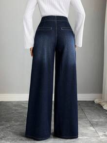 Elenzga 女士休闲通勤水洗阔腿牛仔裤 - 深色水洗藍 - 查看 2