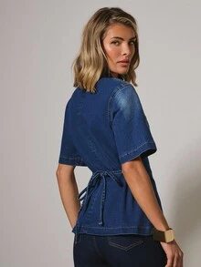 COSMINA Denim 半拉链牛仔短款上衣 - 藍色 - 查看 2