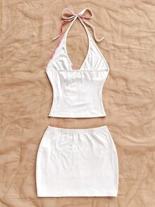 SHEIN x Eduarda Gutierrez Soleia 女式花卉印花露背吊带背心和迷你裙两件套，时尚假日装 - 白色 - 查看 2