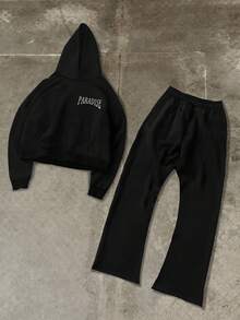 Manfinity EMRG 2 件男士肖像与字母城市街头风格连帽衫和运动裤套装，秋季服装 - 黑色 - 查看 2