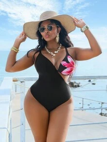 SHEIN Slayr CURVE 大码女式连体花卉印花时尚度假休闲修身性感吊带泳衣 - 黑色 - 查看 5