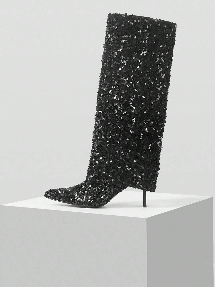 WOMEN'S FASHION SEQUINS EMBELLISHED POINTED TOE STILETTO HEEL OVER-THE-KNEE BOOTS FOR CHRISTMAS