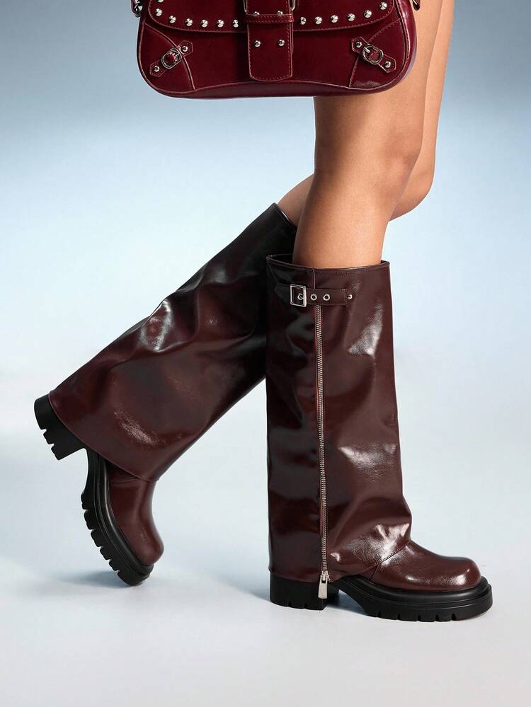 CUCCOO GRLICON Burgundy Chunky Platform Mid-Calf Boots, Fashionable Shark Boots For Women, Suitable For Christmas, Halloween, Parties, Dates, Y2K Style, Autumn