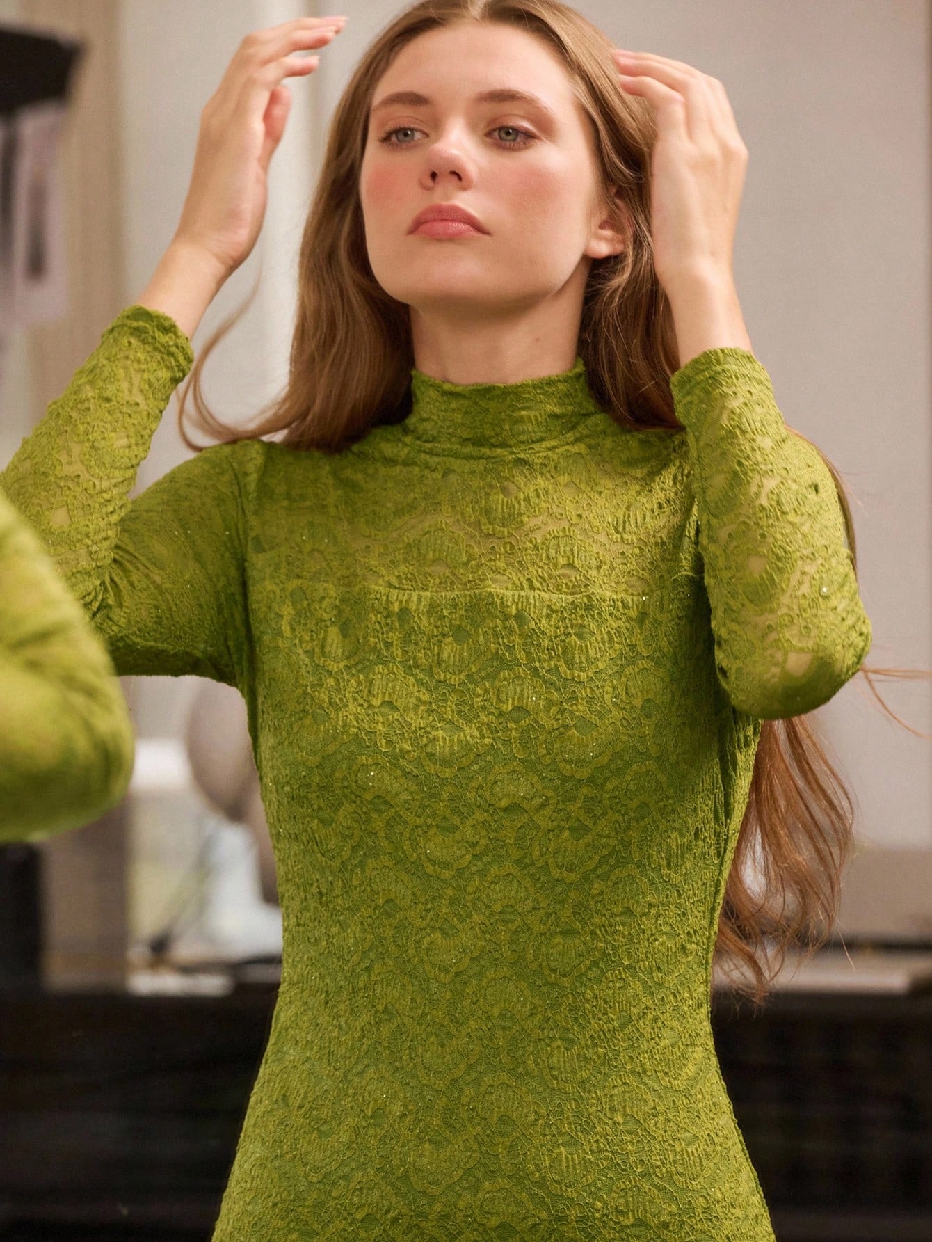 Green Stretch Lace High Neck Long Sleeve Fitted Mini Dress Spring Summer Party Outfits Fall Women Clothes Spring Summer