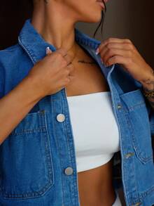 SAYEHFBABY 休闲度假短袖短款牛仔夹克 - 中等水洗藍 - 查看 3