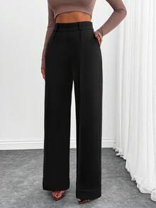 EURMUSE Fashionable Versatile Solid Color High Waist Straight Leg Pants - Black - View 5