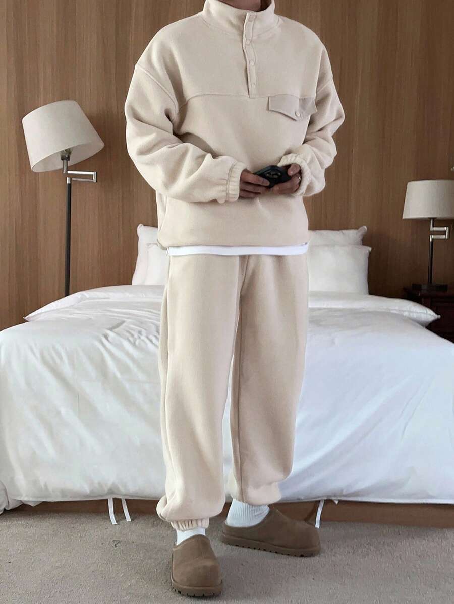 DAZY 男士秋季羊羔绒半拉链套头卫衣和抽绳裤套装 - 米色 - 查看 1