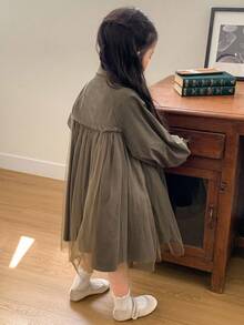 DAZY Young Girl Casual Solid Color Mesh Patchwork Dress, Autumn - Green - View 3