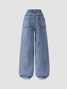 Tween Girls Y2K 风格复古中蓝色水洗牛仔裤，带粉色爱心刺绣，宽松直筒裤腿，面料柔软舒适，时尚百搭，女童牛仔裤 - 淺色水洗藍 - 查看 2