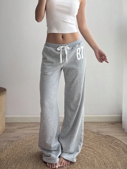 Sunnyshic Women's Loose Fit Casual Joggers With Number 87 Embroidery, Low Waist, Contrast Color Waistband, Drawstring, Slant Pockets, Flared Leg, Comfortable Home/Daily/Streetwear, Vintage Sports Style, Spring/Summer Fall Cloth For Women