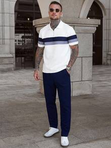 Manfinity Homme Men's Dual-Color Striped POLO Shirt And Pants Set,Navy And White,Summer,Casual,Vacation Quadrilateral Wheat Texture Fabric Ins-Style Autumn Outfits - Multicolor - View 2