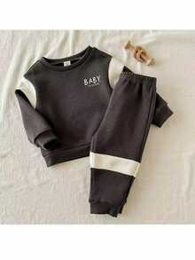 Loomiva 2 件套男婴休闲字母印花撞色圆领长袖运动衫和松紧腰裤套装 - 灰色 - 查看 5